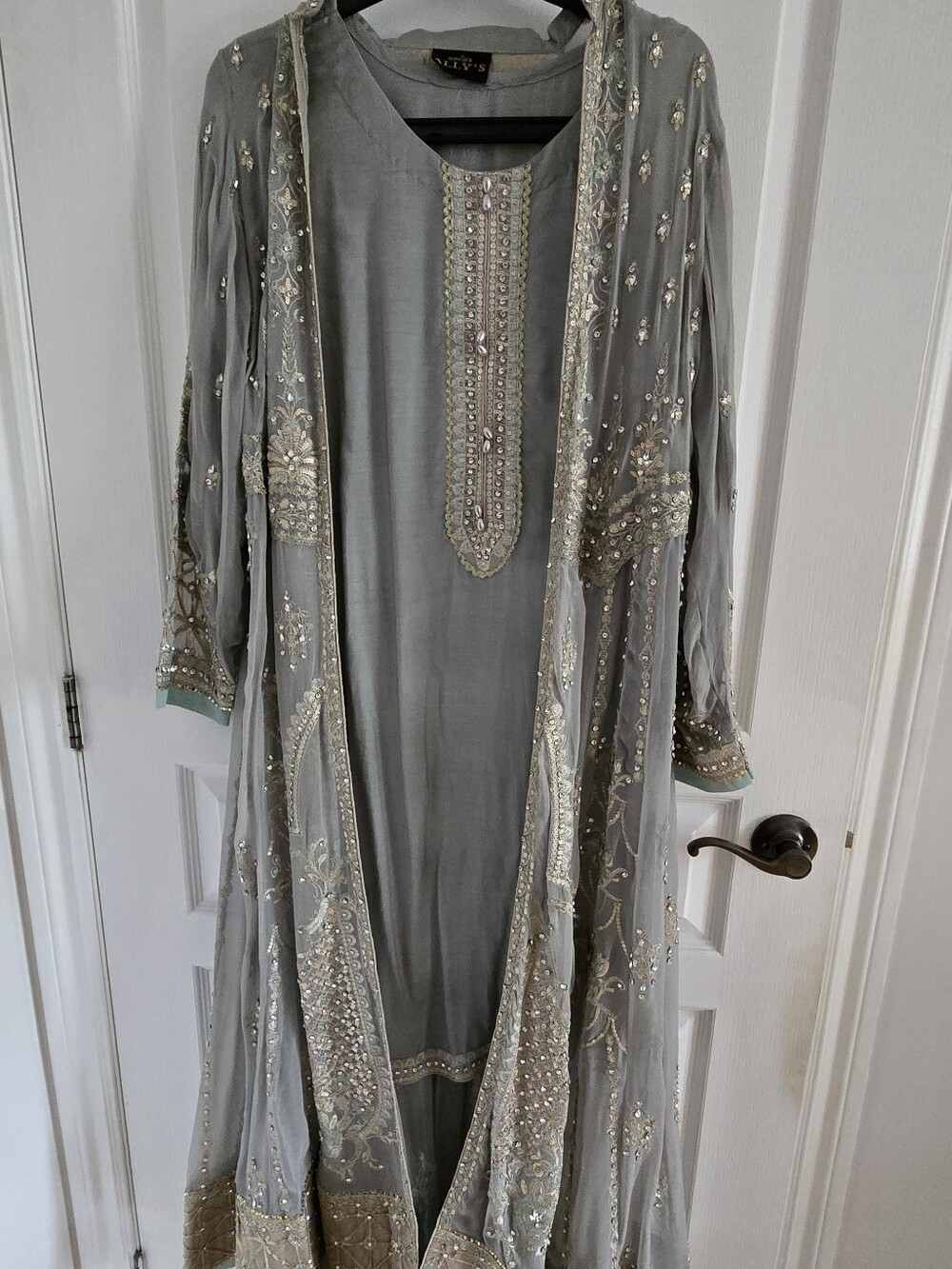 Embroidered Long Sheer Ethnic Jacket Set - Light Gray